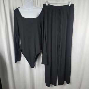 Yozy  2 Piece Ribbed Square Neck Bodysuit Wide Leg Pants Blue Womens Size XXL